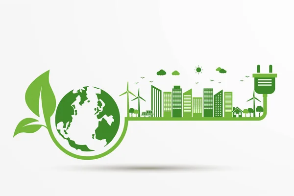 Power Plug Groene Ecologie Stad Met Aarde Pictogram Energie Ideeën — Stockvector