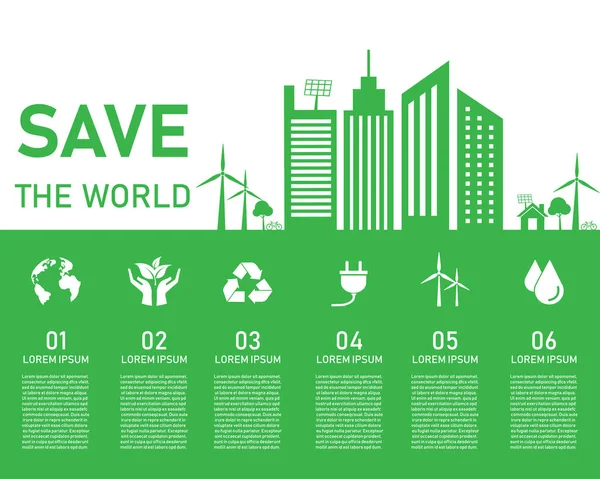 Salva Concetto Ecoalbero Mondiale Città Verde Sfondo Bianco Infografica Ecologia — Vettoriale Stock