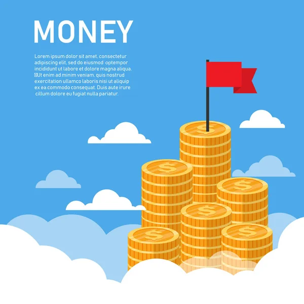 business money concept. growth money stairs with red flag on sky. achievement success financial. vector illustration in flat style modern design.