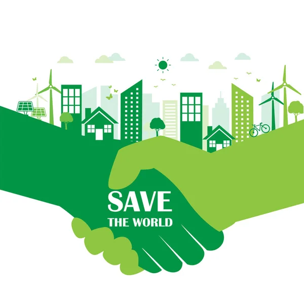 Tangan Dengan Kota Eco Menyelamatkan Dunia Pembangunan Berkelanjutan Ekologi Alam - Stok Vektor