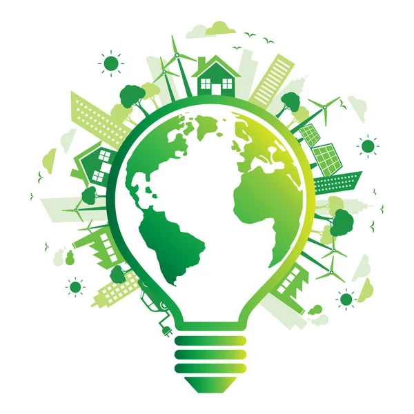 Verde Ciudad Con Ecología Tierra Logotipo Bombilla Concepto Sostenible Respetuoso — Archivo Imágenes Vectoriales