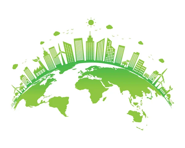 Οικολογία Έννοια Πράσινη Πόλη Στη Παγκόσμιο Περιβάλλον Και Βιώσιμη Ανάπτυξη — Διανυσματικό Αρχείο