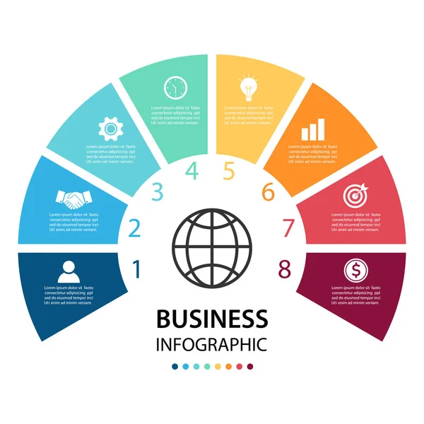 Círculo Negócios Infográfico Com Oito Elementos Torno Centro Estratégia Negócios — Vetor de Stock