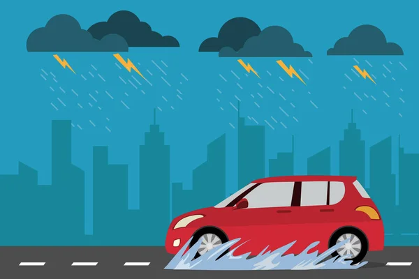 Sokakta Kırmızı Araba Yağmurlu Günler Arka Planında Yağmur Mevsiminde Dikkatli — Stok Vektör