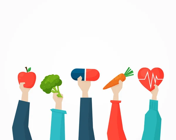 People Holding Health Symbols Medicine Fruits Vegetables Food Health Care — Stock Vector