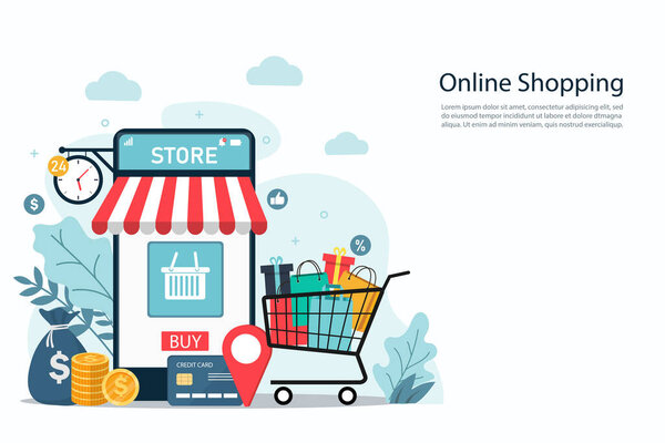 online shopping on mobile phone. vector illustration. modern flat design of web page. E-commerce and marketing concept. Customer buying online flat design. copy space for text input.