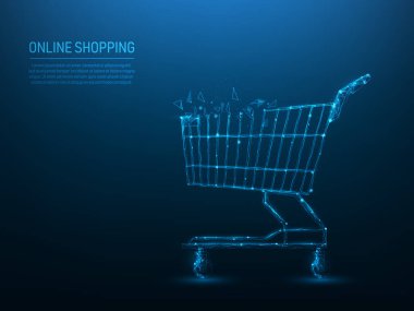 Marketin düşük polimerli kablo çerçevesi. Online alışveriş ve ecommerce konsepti. Noktalar, doğrular ve üçgenlerden oluşur. Vektör illüstrasyonu fütürist biçimi.