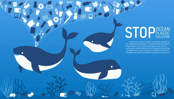 Ecology Whale Poster White Plastic Waste Bag Stop Plastic Ocean — Stockvektor