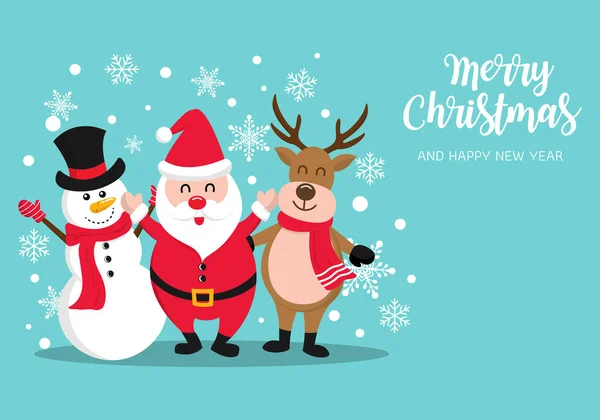 メリークリスマスサンタクラス雪だるまとトナカイ 2022年あけましておめでとうございます 冬休みのかわいい漫画 ベクトル図をフラットスタイル現代的なデザイン — ストックベクタ