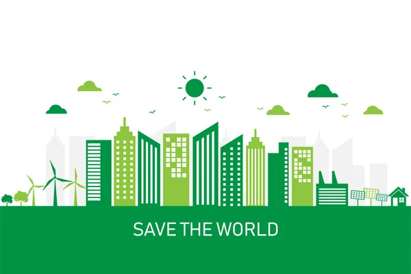 Kota Hijau Dengan Konsep Pembangunan Berkelanjutan Menyelamatkan Dunia Dan Energi - Stok Vektor