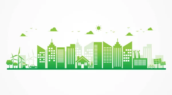 Ecologia Verde Cidade Energia Sustentável Ambiental Conceito Energias Renováveis Limpas — Vetor de Stock