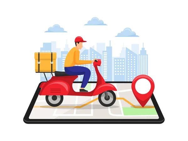 Entrega Homem Montando Scooter Telefone Móvel Com Localização Cidade Mapa — Vetor de Stock