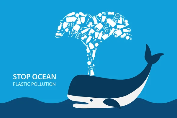 Σταματήστε Την Έννοια Της Ρύπανσης Των Ωκεανών Φάλαινα Πλαστικό Εικονίδιο — Διανυσματικό Αρχείο
