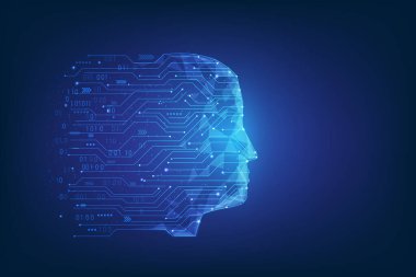Yapay zeka teknolojisi devresi İnsan kafası düşük seviyeli. Büyük veri öğrenme kablosu. Fantastik teknolojide vektör illüstrasyonu. Robot dijital beyin kavramı.
