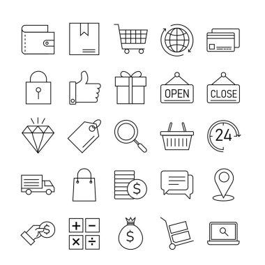 E-ticaret ana hatlı düz simge seti. İnternet üzerinden alışveriş sembolü. Beyaz arka planda izole edilmiş. Düz biçim tasarımında vektör illüstrasyonu.