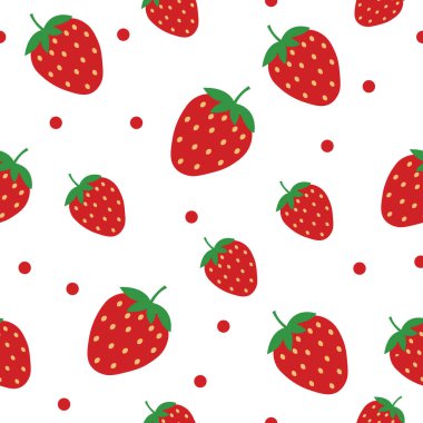 Beyaz arka planda dikişsiz çilek deseni. Kumaş, arkaplan, duvar kağıdı, ambalaj kağıdı için tasarım dekorasyonu. Düz stil modern tasarımda vektör illüstrasyonu.