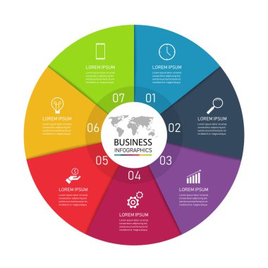 Sunum için simgeyle birlikte 7 adım iş bilgisi. Süreç, sunum, düzen, pankart ve bilgi işlemleri için kullanılabilir. Düz stil modern tasarımda vektör illüstrasyonu.