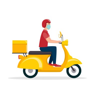 Kırmızı scooter kullanan maskeli bir teslimatçı. Çevrimiçi restoran siparişi. Evde kal konsepti. COVID-19 için steril doğum. Düz stil modern tasarımda vektör illüstrasyonu.