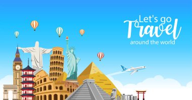 Seyahate ve turizme çıkalım. Dünyanın dört bir yanında ünlü işaretleri gezmek. Yolculuk konsepti. Düz stil modern tasarımda vektör illüstrasyonu.