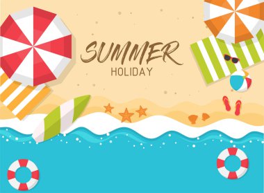 Top view plaj arka planı. Şemsiyeli, toplu, güneş gözlüklü, sörf tahtalı, denizyıldızlı yaz tatili dalgaları. Düz stil modern tasarımda vektör illüstrasyonu.