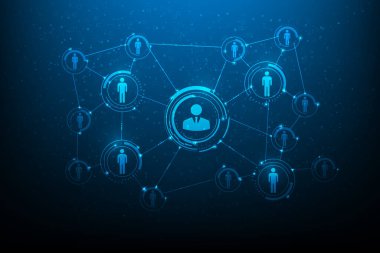 İnsan kaynakları ikon kişi teknolojisiyle dijital hale getiriliyor. İşsizlik ve online röportajlar. iş arama ve boş iş. İşe alım çalışanı, yeni takım üyesi. Vektör illüstrasyonu dijital fantastik.