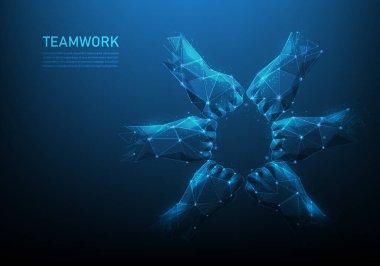hand teamwork digital low poly wireframe on blue dark background. people friendship support to success.consist of lines, dots and triangle. business team symbol. vector illustration fantastic design.