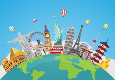 Dünyanın dört bir yanındaki meşhur simge. Yolculuk. Seyahat turizmi. Seyahat konsepti. Seyahatin tadını çıkar. vektör çizimi modern düz tasarım.