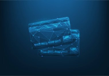 İş kartı teknolojisi dijital düşük polimerli kablo. Nakitsiz toplum. Online alışveriş ve ödeme konsepti. İş finans bankacılığı. Para transferi. vektör illüstrasyonu fantastik dijital.