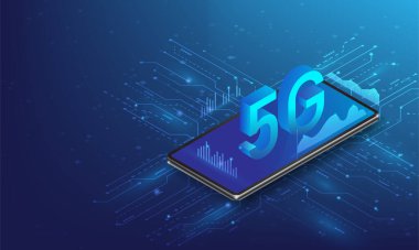 Akıllı telefondan 5g izometrik kablosuz internet teknolojisi. Yüksek hızlı bağlantıları olan mobil ağ yüksek teknolojisi. Vektör illüstrasyon Dijital Teknoloji Tasarımı. Mavi koyu arkaplanda izole edilmiş.