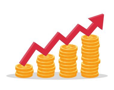 Kırmızı ok yukarı ve altın para yığını beyaz arka planda izole. Başarı kavramına finansal büyüme. Artan gelir grafiği. Vektör çizimi. Yatırımda geri dönüş.