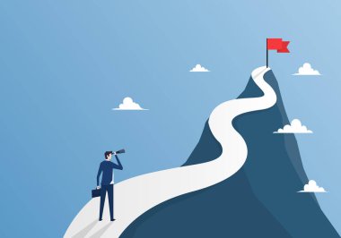 Dağın tepesinde bayrak dikilen bir iş adamı. Liderlik işi finans kavramı. Başarının hedefi. Fırsatlar ve stratejiler iş başında. Vizyon ve görev tamamlandı. vektör illüstrasyonu.