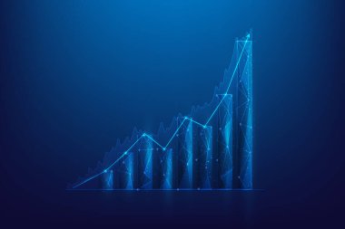 İş büyüyen stok teknolojisi. Dijital grafik grafiği düşük poligramı arttırır. Strateji başarısı. Başarı için yeni plan ve vizyon. Vektör illüstrasyonu fantastik dijital. Yatırımdan kazanç.