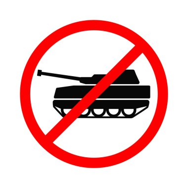 Beyaz arka planda askeri tank yasağı tabelası var. Savaş ikonu sembolünü durdur. Düz stil modern tasarımda vektör illüstrasyonu.