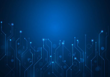 Mavi arka planda dijital teknoloji devresi elektroniği. Yüksek teknoloji telekomünikasyon hattı ve altıgenler. Yüksek bilgisayar konsepti. vektör illüstrasyonu soyut fütüristik biçim.