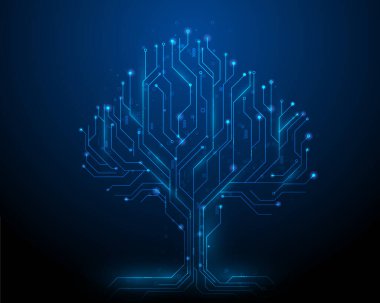 Mavi arka planda ağaç veri teknolojisi. Dijital devre kartı internet bağlantısı. Vektör illüstrasyonu fütüristik yüksek teknoloji.