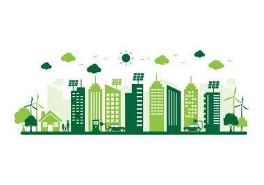 Yeşil ekoloji ve enerji şehri. Dünyayı ve enerji kavramını kurtar. Çevre ve sürdürülebilir. Düz stil modern tasarımda vektör illüstrasyonu.