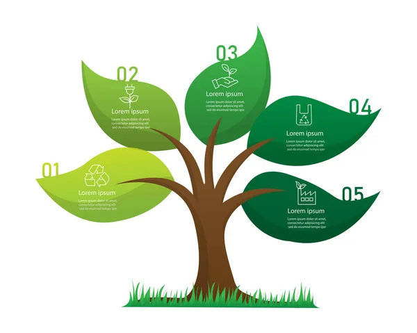 Infografis Pohon Berdaun Hijau Konsep Ramah Pembangunan Berkelanjutan Ekologi Menghemat - Stok Vektor