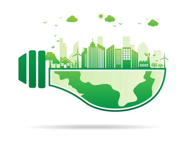 Groene Ecologie Stad Gloeilamp Energie Milieuconcept Besparen Aarde Eco Bos — Stockvector