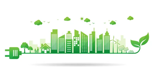 Groene Ecologie Stad Energie Plug Power Duurzaam Stadsmilieu Milieuvriendelijk Redden — Stockvector