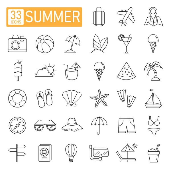Summer Vacation Outline Set Travel Holiday Beach Thin Line Sign — Stock Vector