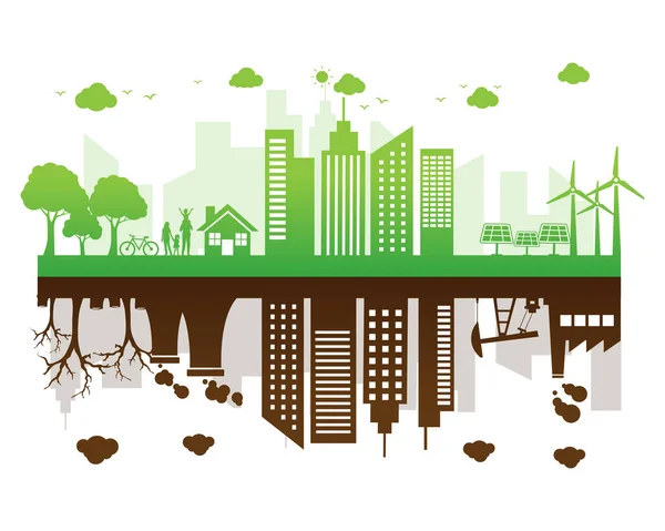 Tiszta Energiafák Városi Szennyezéssel Zöld Piszkos Épület Energiatakarékosság Környezetvédelem Globális — Stock Vector
