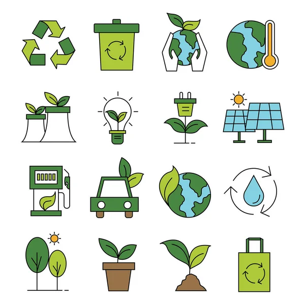 Ekologia Środowiska Kolor Zarys Ikony Zestaw Zbiór Zielonych Symboli Środowiska — Wektor stockowy