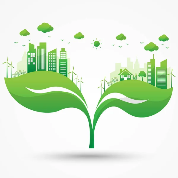 Ecologie Stad Met Milieuvriendelijk Blad Wereldmilieudag Duurzame Ontwikkeling Groene Stad — Stockvector