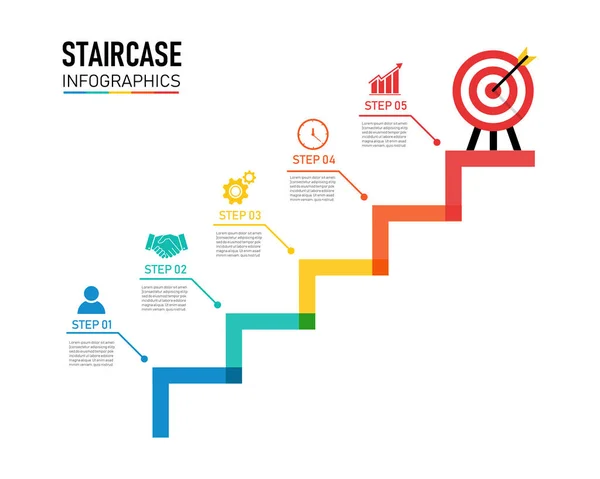 Farbenfrohe Zeitleiste Treppenaufgang Infografik Geschäftsschritt Zum Erfolg Auf Weißem Hintergrund — Stockvektor