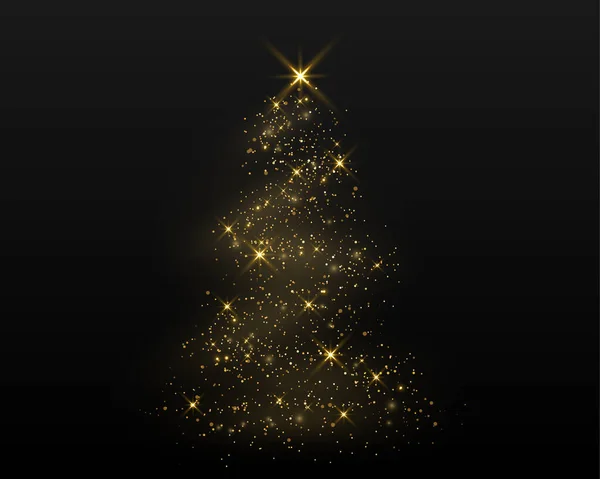 Altın parıltısı, koyu arkaplanda çam ağacı şekli. Mutlu yıllar ve mutlu noel süslemeleri. Altın ışıklı parlak ağaç. vektör çizimi parlak tasarım.
