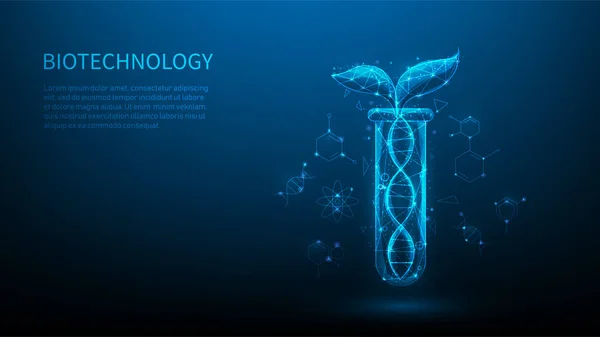 生態系イノベーションバイオテクノロジーです ベクターイラスト素晴らしいハイテクデザイン 試験管の植物低ポリワイヤーフレーム 生物学的Dna技術 科学的な成長苗 — ストックベクタ