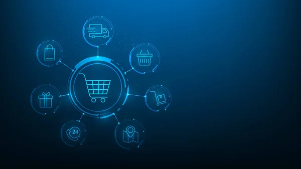 Online Ψώνια Ψηφιακή Τεχνολογία Εικονίδιο Μπλε Φόντο Commerce Online Κατάστημα — Διανυσματικό Αρχείο