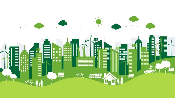 Ecologia Ambiente Com Cidade Verde Sobre Fundo Branco Fontes Energia — Vetor de Stock