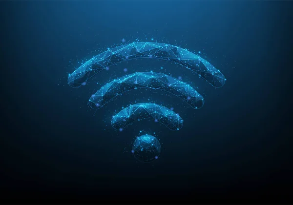 蓝色黑暗背景下的无线通信数字技术 现代无线网络 电信连接符号 矢量插图数字 由圆点 直线和三角形组成 — 图库矢量图片