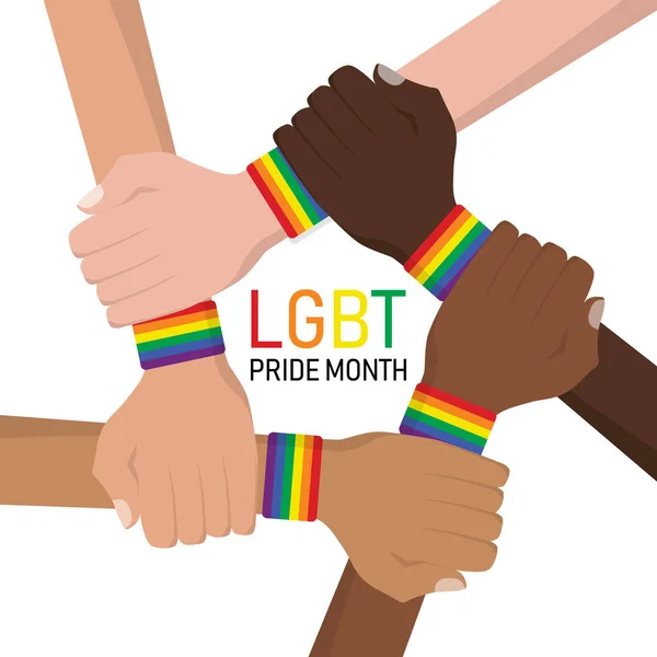 Stock vector holding hands LGBT colorful rainbow flag wristbands. happy pride month community. Lesbian Gay Bisexual Transgender in love. Human rights lgbt concept. vector illustration in flat style.